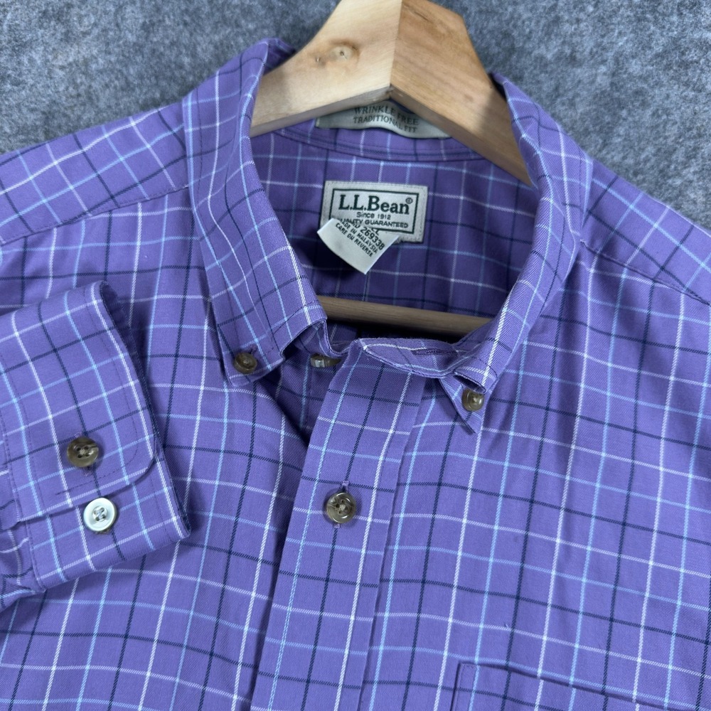 LL Bean Shirt Mens LT Purple Check Long Sleeve Wrinkle Free Traditional Cotton